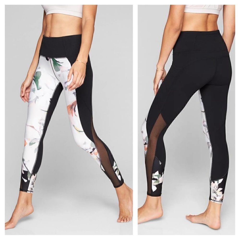 ATHLETA Blossom Intuition 7/8 Tight Black Floral Mesh High Rise S